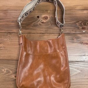 Vintage Ah-Dorned Brown Leather Hobo Shoulder Bag with Floral Strap